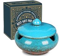 Ceramic Ashtray with Lids Cigar Accessories Outdoor Windproof Ashtrays for Cigarettes Ash Tray Gift for Men Dad Husband Boyfriend Home Ashtrays for Patio, Indoor, Outside, Office Decoration (Blue)