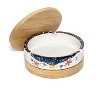 Ceramic Ashtray with Wooden Lid and Holder,Ashtrays for Outside,Windproof and Odourless,Easy to Clean,Deep Large Capacity Ashtrays for Smokers for Patio Office Garden Bar Restaurant
