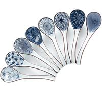 Ceramic Asian Soup Spoons, Easy to Hold, Long Handle Perfect Depth Spoon Set for Japanese Ramen Noodles, Chinese Dumpling, Pho, Miso, Wonton, Dishwasher Safe -Set of 8 - Blue