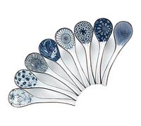 Ceramic Asian Soup Spoons, Easy to Hold, Long Handle Perfect Depth Spoon Set for Japanese Ramen Noodles, Chinese Dumpling, Pho, Miso, Wonton, Dishwasher Safe -Set of 8 - Blue