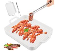 Ceramic Bacon Baking Tray With 9.45" Stainless Steel Korean BBQ Grill Tongs,Multi-Functional Square Baking Tray,Microwave BaconS Cooker Make Crispy-Bacon in few Minutes