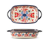 Ceramic Baking Dish, 7x11 Inch Casserole Dish for Oven, 64 oz Large Lasagna Pan with Handles Deep and Large Capacity, Durable Bakeware for Lasagna, Home & Kitchen Decor Gifts (Honey Red Flower, L)