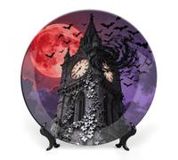 Ceramic Bat Gothic Clocktower Decorative Plate for Wall Hanging 8inch Large Bone China Dinner Plates with Display Stand Porcelain Art Dish for Home Kitchen Office Wedding Gift Farmhouse Decor