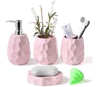 Ceramic Bathroom Accessories Set 4 PCS,Modern Bathroom Accessory Set,Include Toothbrush Holder,Soap Dispenser, Tumbler,Vanity Tray,Bathroom Sets Decor Organizer with Soap Dish,Apothecary Jar (Pink)