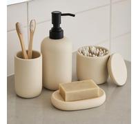 Ceramic Bathroom Accessories Set 4 Pcs - Modern Scandinavian Neutral Soap Dish & Dispenser Toothbrush Holder Cup - Minimalist Countertop Accessory Set - Cream Light Beige Off-White Bathroom Decor