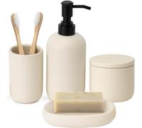 Ceramic Bathroom Accessories Set 4 Pcs - Modern Scandinavian Neutral Soap Dish & Dispenser Toothbrush Holder Cup - Minimalist Countertop Accessory Set - Cream Light Beige Off-White Bathroom Decor