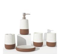 Ceramic Bathroom Accessories Set Complete in White & Brown Duotone, 5 Pcs Boho Bath Vanity Counter Set, Soap Dispenser Toothbrush Holder Soap Dish Tumble Cup Set, Bathroom Essentials for New Home