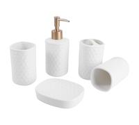 Ceramic Bathroom Accessory Set, Five Piece White Toiletry Cup