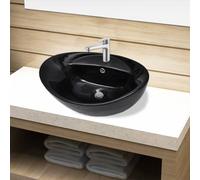 Ceramic Bathroom Sink Basin Faucet/Overflow Hole Black Oval