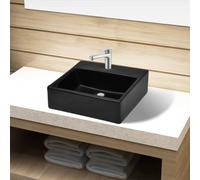 vidaXL Stylish Black Ceramic Bathroom Sink Basin - Square Design with Faucet Hole - Suitable for Above Counter or Wall Hung Installation