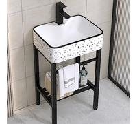 Ceramic Bathroom Vanity Sink Console Pedestal Laundry Tub Station Free Standing Hand Washing Basin Sinks Porcelain Vessel Basin Rectangle with Metal Legs Stand Vanity Sink Storage Shelf for Farmhouse