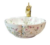 Ceramic Bathroom Vessel Sink Bowl White Color Art Above Counter Vanity Wash Basin with Flower Shape and Flower Bird Pattern,1Sink Only