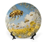 Ceramic Bee Rapeseed Field Decorative Plate for Wall Hanging 8inch Large Bone China Dinner Plates with Display Stand Porcelain Art Dish for Home Kitchen Office Wedding Gift Farmhouse Decor