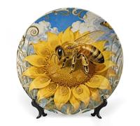 Ceramic Bee Sunflower Disc Decorative Plate for Wall Hanging 7inch Large Bone China Dinner Plates with Display Stand Porcelain Art Dish for Home Kitchen Office Wedding Gift Farmhouse Decor