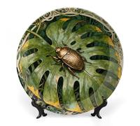 Ceramic Beetle Monstera Leaf Decorative Plate for Wall Hanging 6inch Large Bone China Dinner Plates with Display Stand Porcelain Art Dish for Home Kitchen Office Wedding Gift Farmhouse Decor