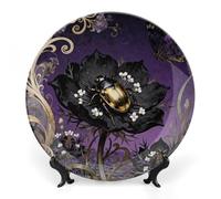 Ceramic Beetle Nigella Petal Decorative Plate for Wall Hanging 8inch Large Bone China Dinner Plates with Display Stand Porcelain Art Dish for Home Kitchen Office Wedding Gift Farmhouse Decor