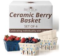 Ceramic Berry Basket, Farmhouse Colander, Farmers Market square Bowl. Rustic Kitchen decor fruit bowls, Fruit Baskets, Bleu White and Blueberry pattern Stoneware Harvest Bowls Set of 4