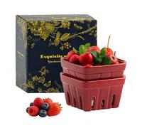 Ceramic Berry Basket Fruit Basket for Kitchen Counter Square Fruit Bowl with Holes Berry Colander Containers for Fridge Decorative Strawberry Grape Cherry Dish Kitchen Decor 4.2 Inch Set of 2 (red)