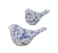 Ceramic Bird Ornaments Set of 2 with Botanical Floral Print Design (Blue) | Fine China Inspired Design, Felted Base, Vintage Style, Home Decor, Ceramic Ornaments, Crackled Glaze Finish