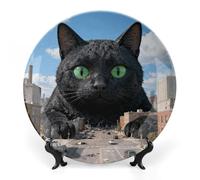 Ceramic Black Cat Giant City Decorative Plate for Wall Hanging 10inch Large Bone China Dinner Plates with Display Stand Porcelain Art Dish for Home Kitchen Office Wedding Gift Farmhouse Decor