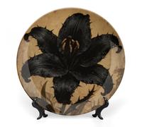 Ceramic Black Lily Gothic Decorative Plate for Wall Hanging 10inch Large Bone China Dinner Plates with Display Stand Porcelain Art Dish for Home Kitchen Office Wedding Gift Farmhouse Decor