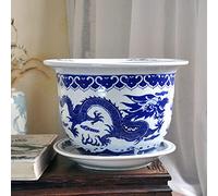 Ceramic Blue and White Jingdezhen Porcelain Round Planters Or Garden Pots (Large Fat Belly 13.7 Inches Tall)