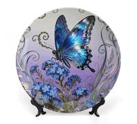 Ceramic Blue Morpho Myosotis Decorative Plate for Wall Hanging 7inch Large Bone China Dinner Plates with Display Stand Porcelain Art Dish for Home Kitchen Office Wedding Gift Farmhouse Decor