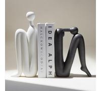 Ceramic Bookends for Shelves, Modern 'Thinker' Sculptural Book Ends (1 Pair, Black & White) - Scandi Home Decor, Minimalist Book Holders for Office, Living Room & Book Lovers Gift, 1.4kg