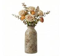 Ceramic Bottle Vase with Distressed Effect Brown & Beige Floral Print Small | Flower Vase, Jug Vase, Vintage Style, Round, Mantelpiece, Shelf, Dining Table, Centrepiece, Decoration