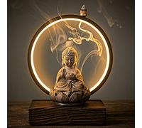 Ceramic Buddha Incense Burner Waterfall Chinese Backflow Incense Burner Holder with LED Light for Home Office Decor (Brown)