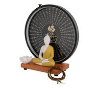 Ceramic Buddha Statue with LED Light Ring and Scripture Panel, Meditation Ornament for Home Office Zen Room