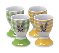 Ceramic Bunny Egg Cups with Spring Green and Yellow Design - Set of 4