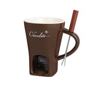 Ceramic Butter Chocolate Fondue Mug - Melting Chocolate Pot with Fork, Cheese Warmer Cup, Light Candle Fondue Melter Set for Melting Hot Chocolate (Brown)