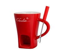 Ceramic Butter Chocolate Fondue Mug - Melting Chocolate Pot with Fork, Cheese Warmer Cup, Light Candle Fondue Melter Set for Melting Hot Chocolate (Red)