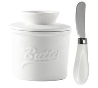 Ceramic Butter Crock with Lid & Spatula, French Butter Keeper Dish for Spreadable Soft Butter, Porcelain Fresh Butter with Water Line, Gift for Mother’s Day, Thanksgiving, Christmas (White)