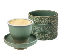 Ceramic Butter Dish, Ceramic Butter Dish, French Butter Dish with Water Cooling, Water Cooled, Porcelain Butter Dish for Freshness and Spreadable Butter (Green, 6.7 oz)
