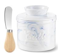 Ceramic Butter Dish Porcelain 180 ml French with Lid Water Cooled with Waterline Butter Container Butter Pot for Freshness and Spreadable Butter Light Blue Marble Pattern