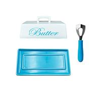 Ceramic Butter Dish Set with Lid, Blue Serving Tray and Spreader Knife