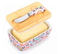 Ceramic Butter Dish with Bamboo Lid & Knife , 350ML Large Capacity Butter Dish for Countertop, Delicate Floral Pattern Butters Keeper Fits Most Butters Sizes(Style B)
