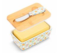 Ceramic Butter Dish with Bamboo Lid & Knife, 350ML Large Capacity Butter Dish for Countertop, Delicate Floral Pattern Butters Keeper Fits Most Butters Sizes (Style A)