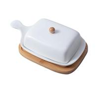 Ceramic Butter Dish with Bamboo Tray Rectangular Butter Keeper Simple and Pure Design, Kitchen Storage for Butter and Cheese