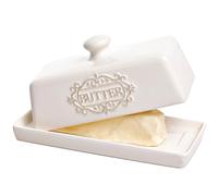 Ceramic Butter Dish with Lid, 7.7 x 4 Inch, Engraved Butter Keeper | Fits East & West Coast Sticks • Engraved “Butter” on Lid • Centering Grooves • Secure Rim • Dishwasher • Fridge Safe