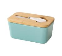 Ceramic Butter Dish with Lid and Knife, Airtight Butter Keeper for Fridge - Rectangular Cheese Storage Container with Spreader, Butter Crock for Countertop, Kitchen Gift (Blue)