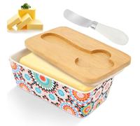 Ceramic Butter Dish with Lid and Knife, Large Porcelain Butter Container with Airtight Bamboo Lid, Decorative Cheese Keeper with Double Silicone Seal for Countertop(style1)
