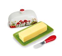 Ceramic Butter Dish with Lid, Butter Keeper Holder, Butter Plate Tray for Kitchen Countertop, Butter Container, Butter Crock Keeper Saver, Butter Dish Covered (Asparagus)