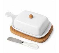 Ceramic Butter Dish with Lid & Butter Knife, White with Bamboo Base | 23cm Butter Dish with Lid for 250g Butter Block, for Kitchen Countertop & Dining Table,Gift for Housewarmings and Christmas