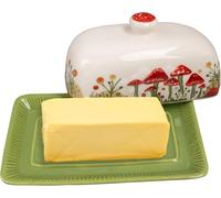 Ceramic Butter Dish with Lid for Countertop, Mushroom Butter Keeper Green Ceramic Butter Container Keeper Saver Tray for East/West Coast Butter