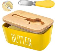 Ceramic Butter Dish with Wooden Lid, Airtight Butter Keeper for Counter or Fridge with Stainless Steel Multipurpose Butter Knife, Butter Container with Double High-Quality Silicone(Yellow)