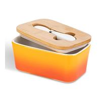 Ceramic butter Dish with Wooden Lid and Multi-Functional Stainless Steel Knife Silicone Seal, Butter Box for Nuts, Cheese (Gradient Orange)