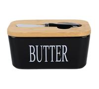 Ceramic Butter Dish with Wooden Lid and Stainless Steel Knife, Multifunctional Large Butter Container Butter Box with Double Silicone Seals Design for Butter, Nuts, Cheese (Black)